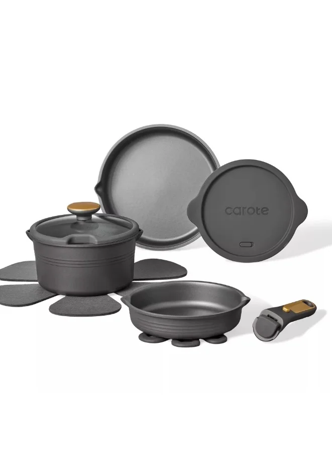 كاروت طقم أواني كاروت 10 قطع غير لاصق بمقابض قابلة للفصل، تصميم قابل للتكديس من ألومنيوم صحي خالٍ من PFOA، مزود بفتحات صب، متوافق مع جميع المواقد وآمن لغسالة الصحون (أسود)